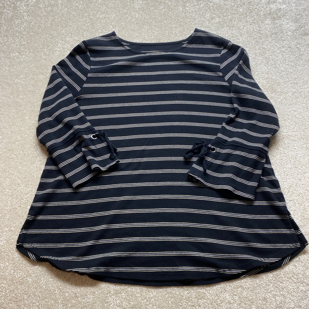 J. Jill Pima Tie-Sleeve Tee Womens Medium Petite Navy Blue Striped Boat Neck Top